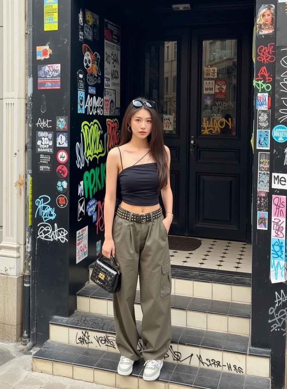 Sunglasses With Black Spaghetti Strap Crop Top