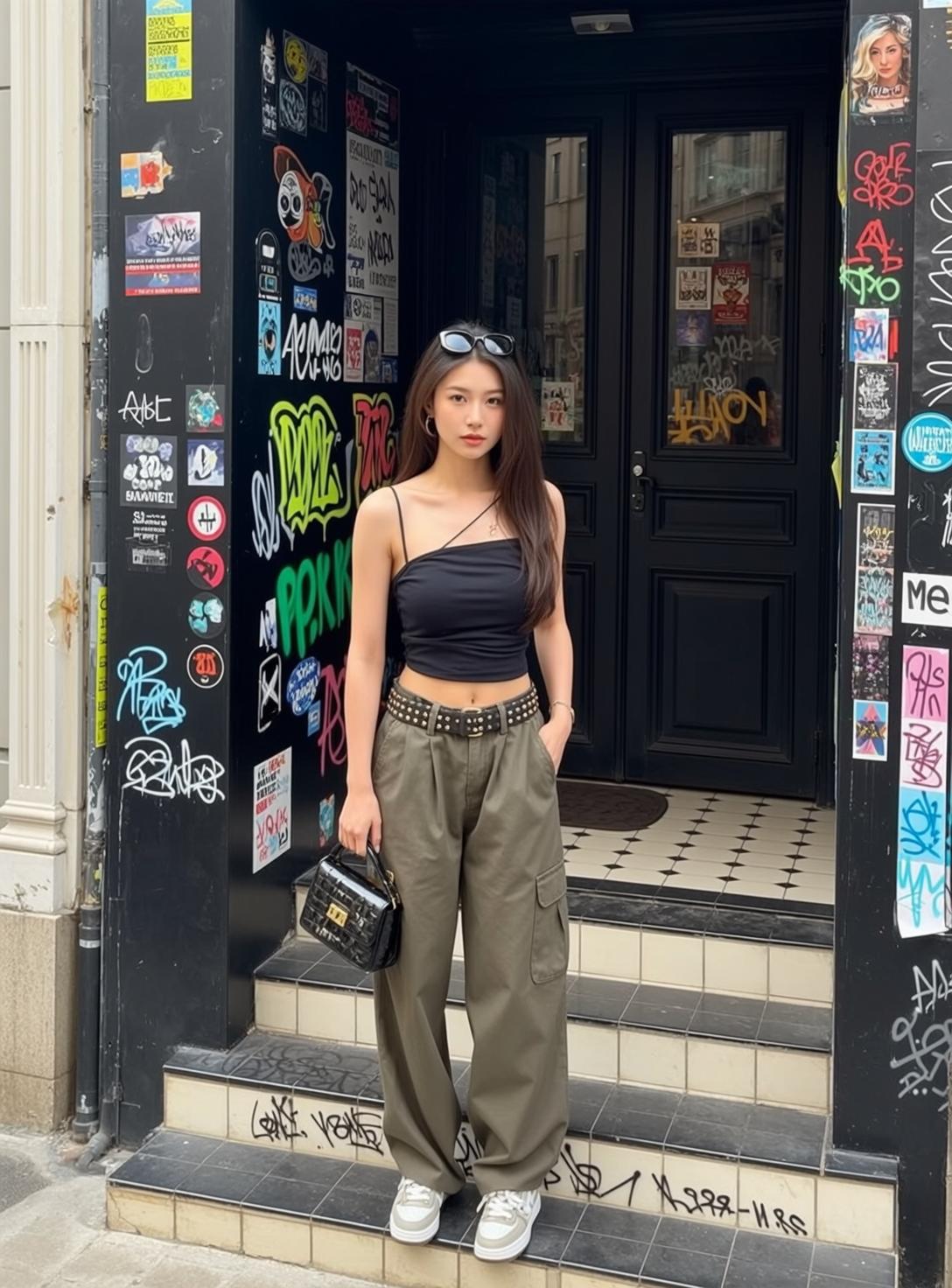 East Asian Woman Urban Street Graffiti Cargo Pants