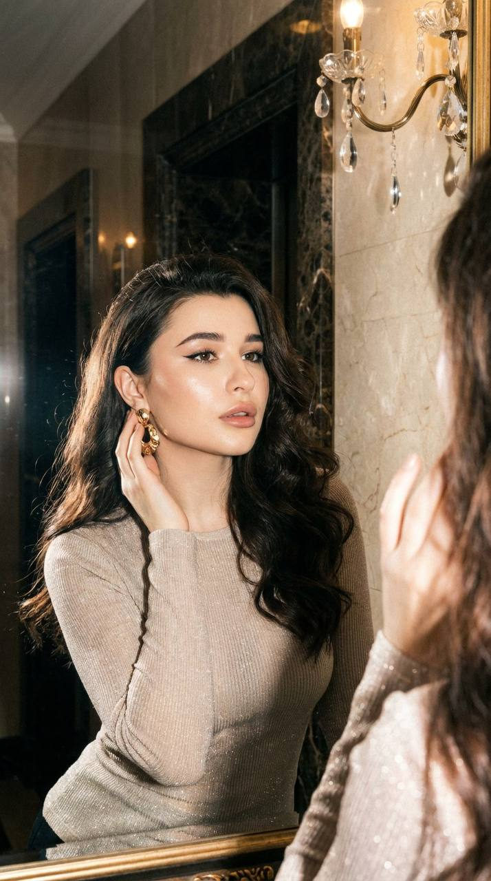Realistic portrait of a woman standing near a mirror in an elegant interior with polished stone walls and a chandelier.
