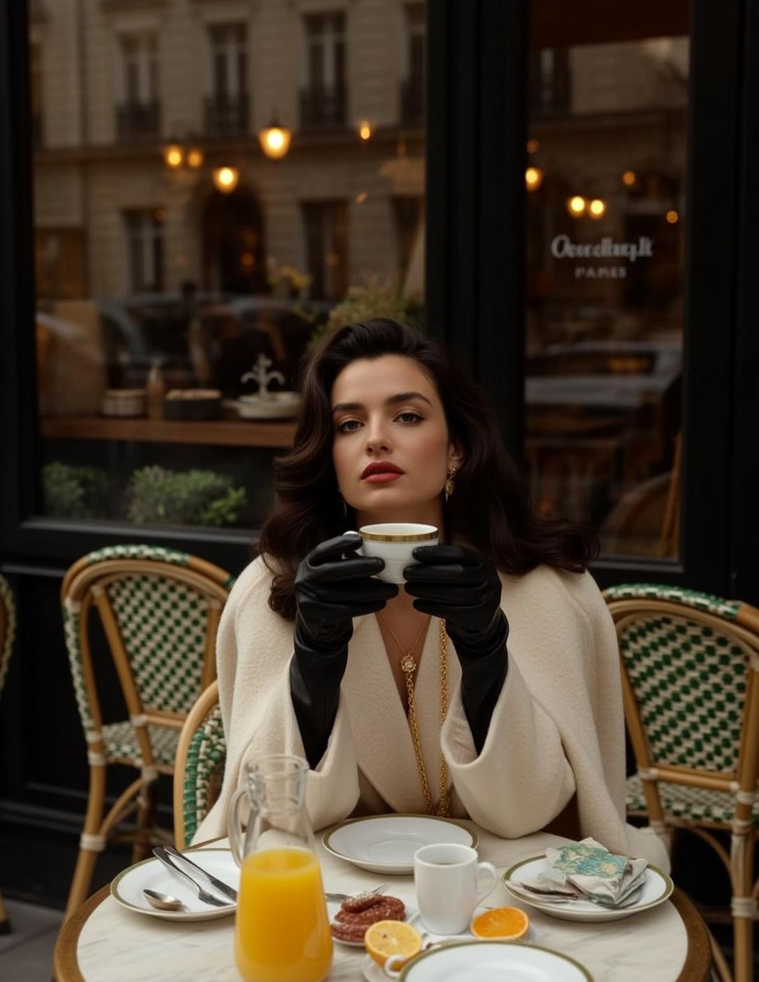 Outdoor Cafe Woman Gold Necklace Coffee Cup