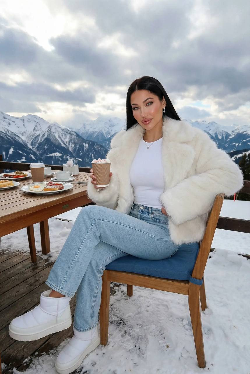 Model enjoying breakfast on a snowy mountain terrace, wearing a fluffy jacket and sipping hot chocolate.