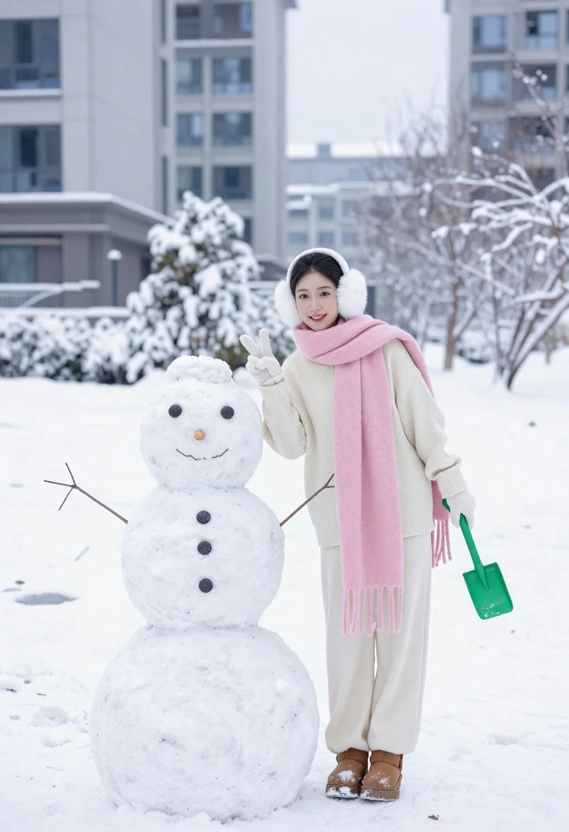 Cheerful Woman Stands Snowy Landscape Next Decorated Snowman Making Peace
