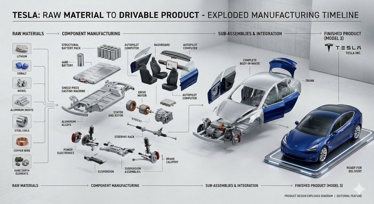 A detailed scientific illustration of the Tesla Model 3 showing cutaway manufacturing components against a minimalist white background.