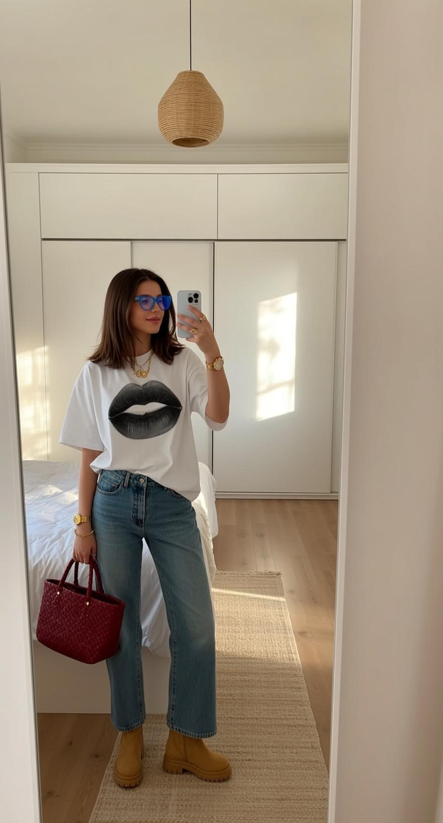 Mirror Selfie White T Shirt Blue Glasses Bedroom