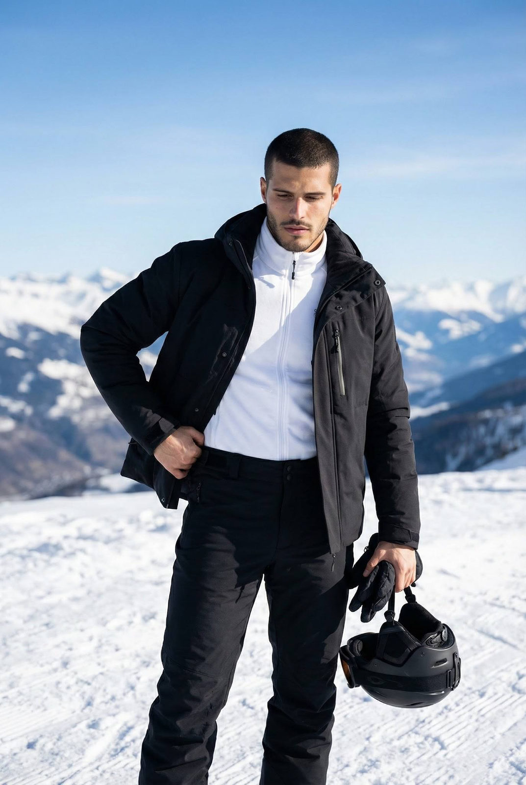 A young man in a black winter jacket stands confidently on a snowy mountain slope, holding a ski helmet under clear blue skies.