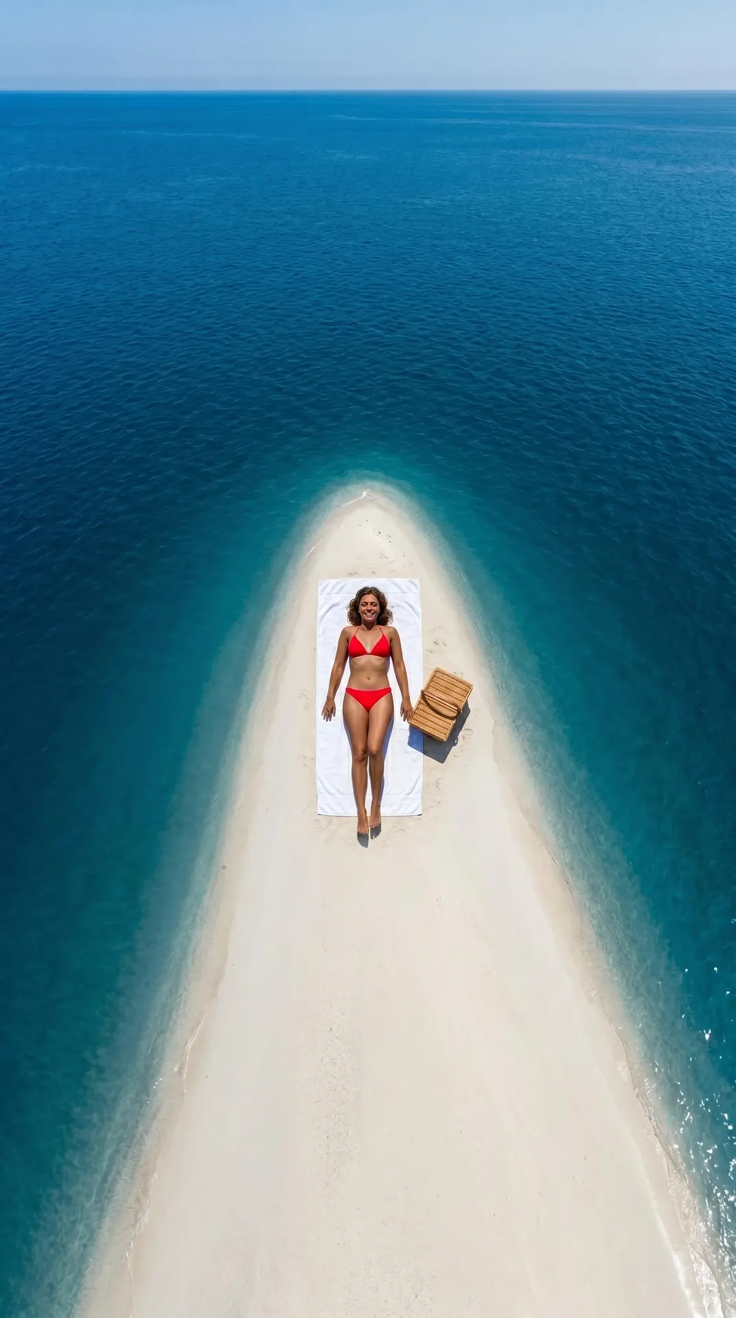 Red Bikini On Isolated Sandbar Drone Shot