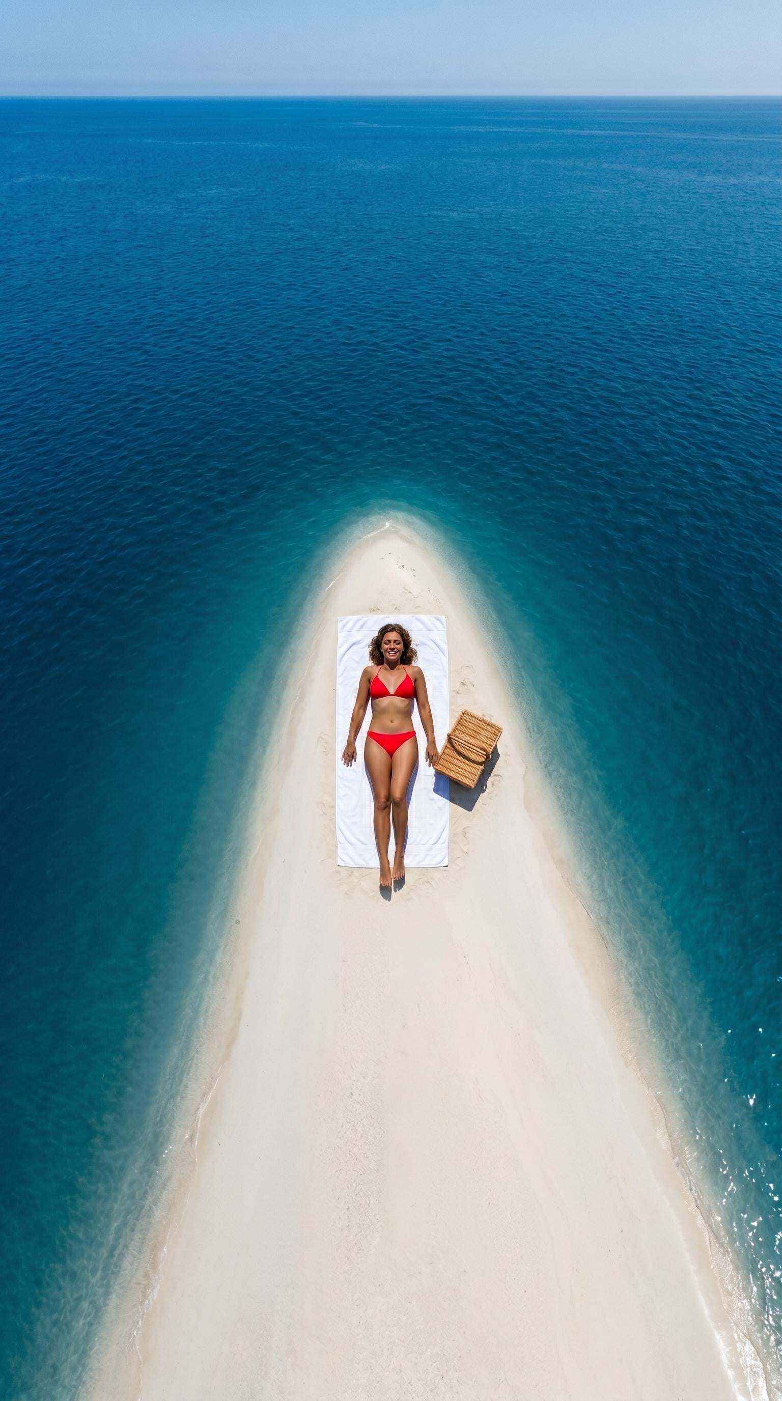 Red Bikini On Isolated Sandbar Drone Shot