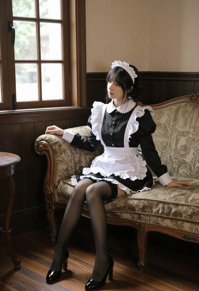 Young Woman Classic Maid Outfit Sits Elegantly Ornate Vintage Chaise