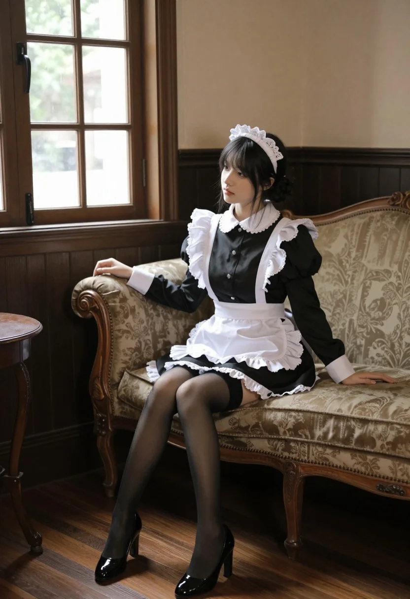 Young Woman Classic Maid Outfit Sits Elegantly Ornate Vintage Chaise