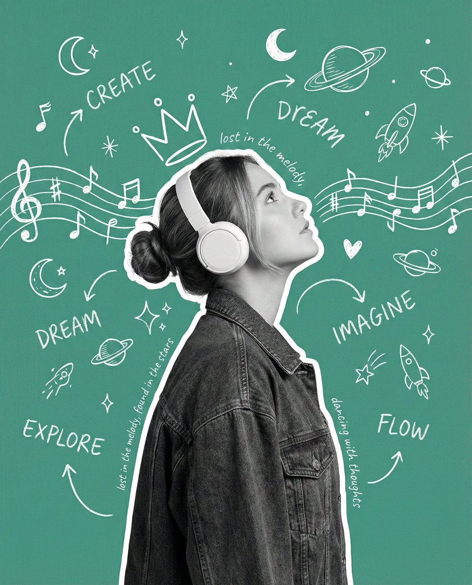 A dreamy music-inspired poster with a profile of a woman in oversized headphones, surrounded by playful doodles.