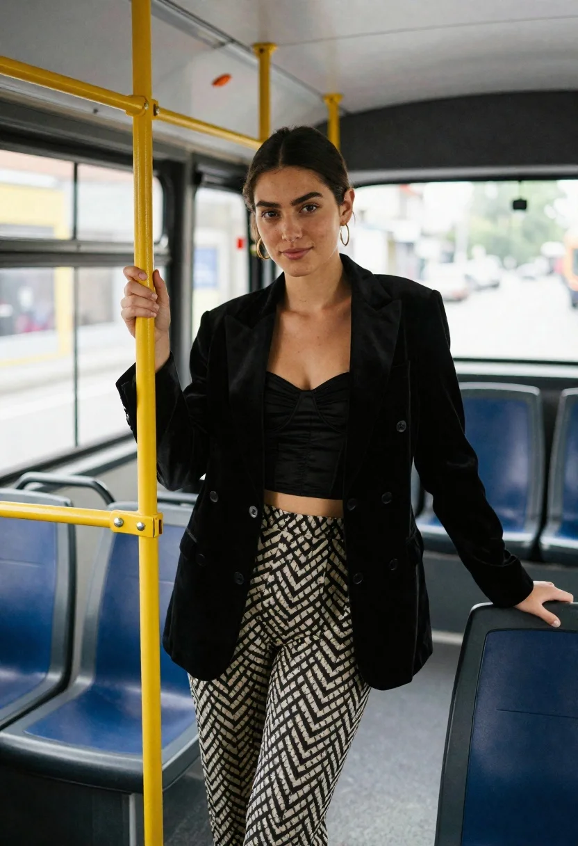 Young Woman Stands Inside Public Bus Holding Vertical Pole With reference photo