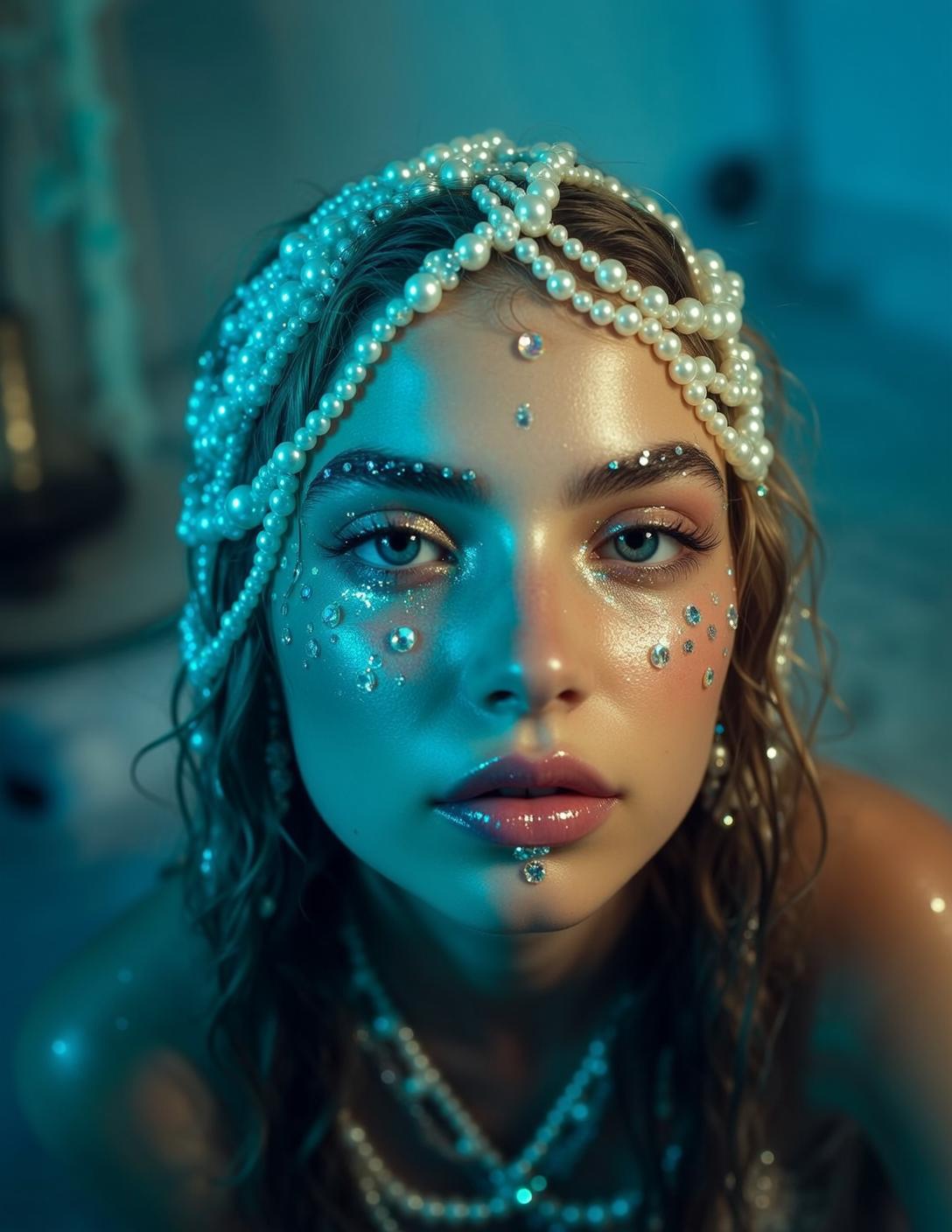 Wet Wavy Hair Pearl Headband Face Gems