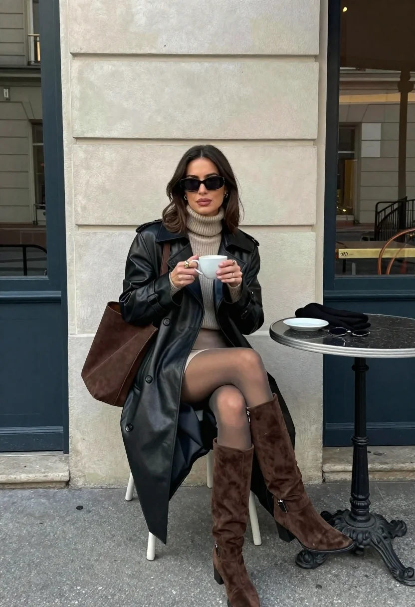 A stylish woman sits at an outdoor cafe table, holding a white cup, with a round black marble table beside her.