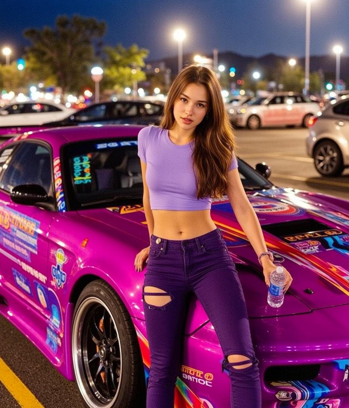 Purple Crop Top Purple Ripped Jeans Nighttime Street Lights Asphalt