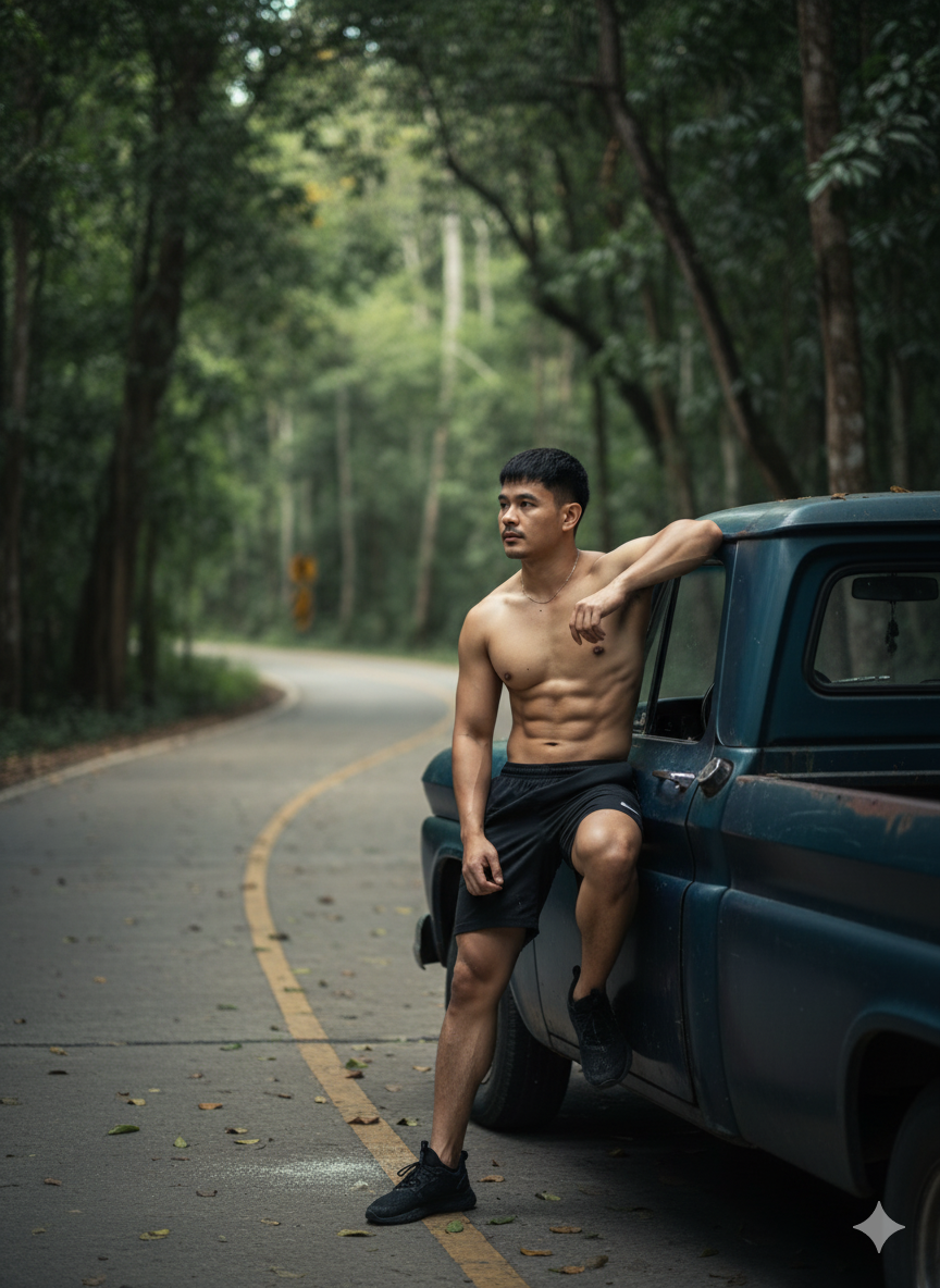 A shirtless young man perched on an old pickup truck door, with a jungle backdrop and soft daylight filtering through the foliage.