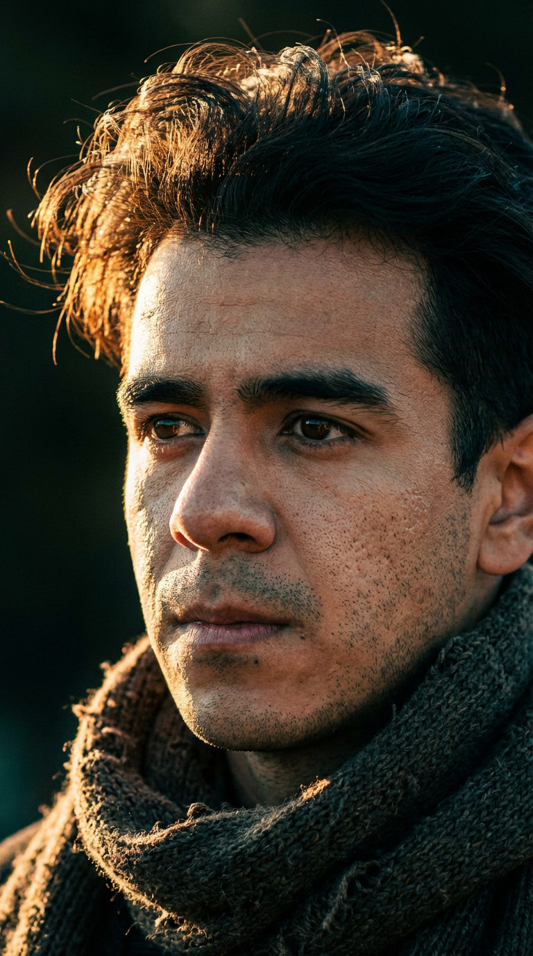 Ultra-detailed close-up portrait depicting a human subject with dramatic sidelight and rich texture.