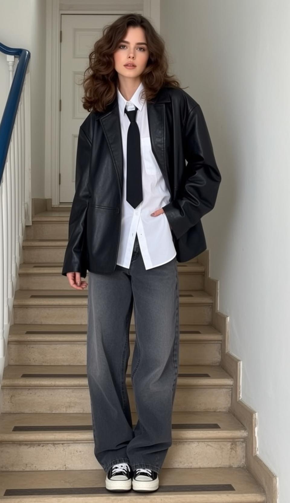 Black Blazer Wavy Hair Stairway Standing
