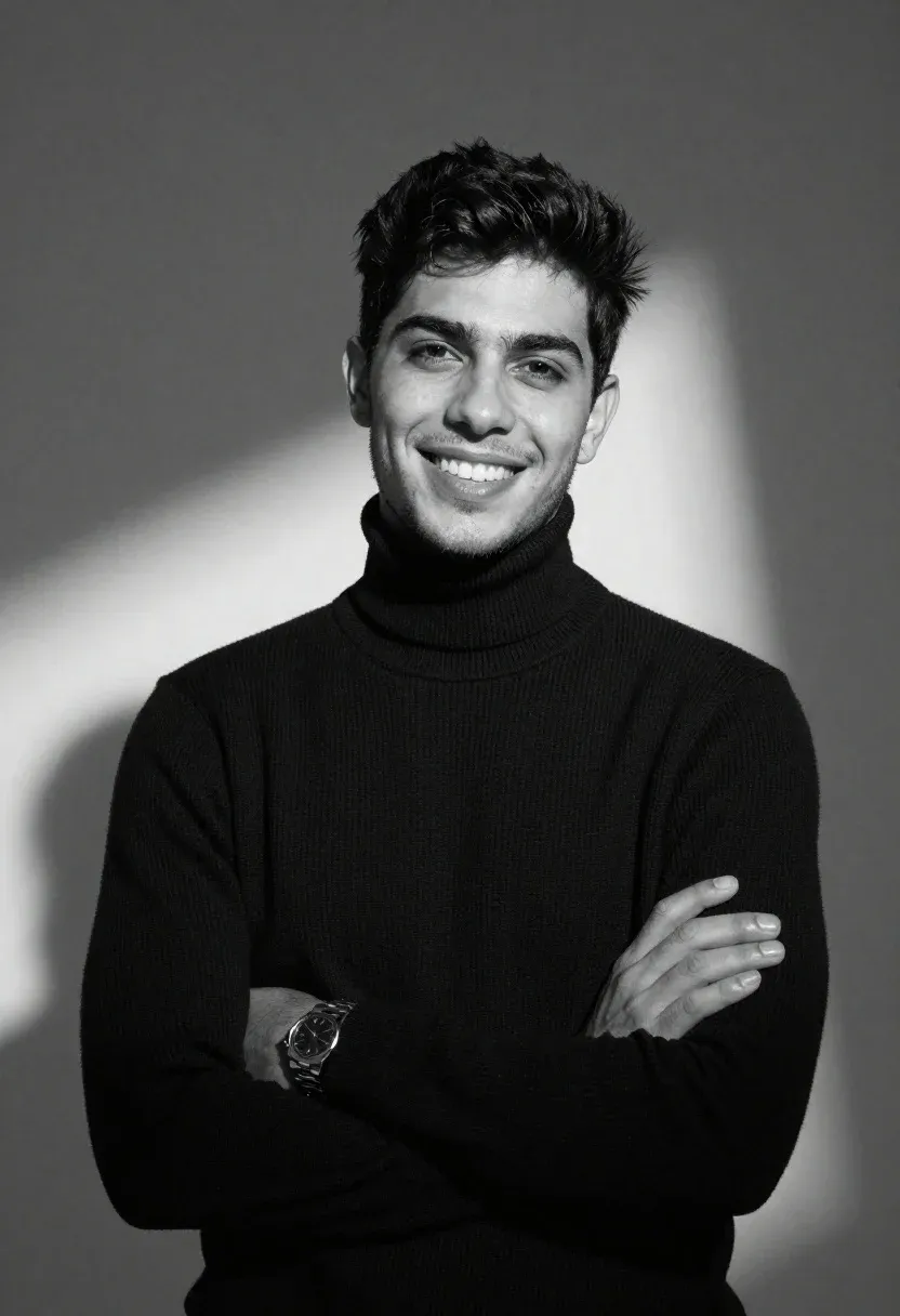 Black And White Studio Portrait Young Man With Dark Hair