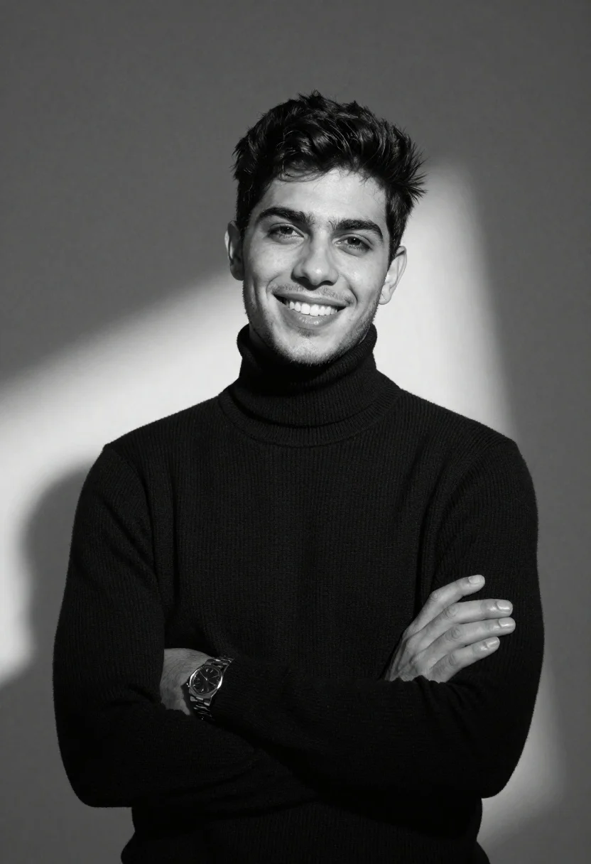 Black And White Studio Portrait Young Man With Dark Hair reference photo