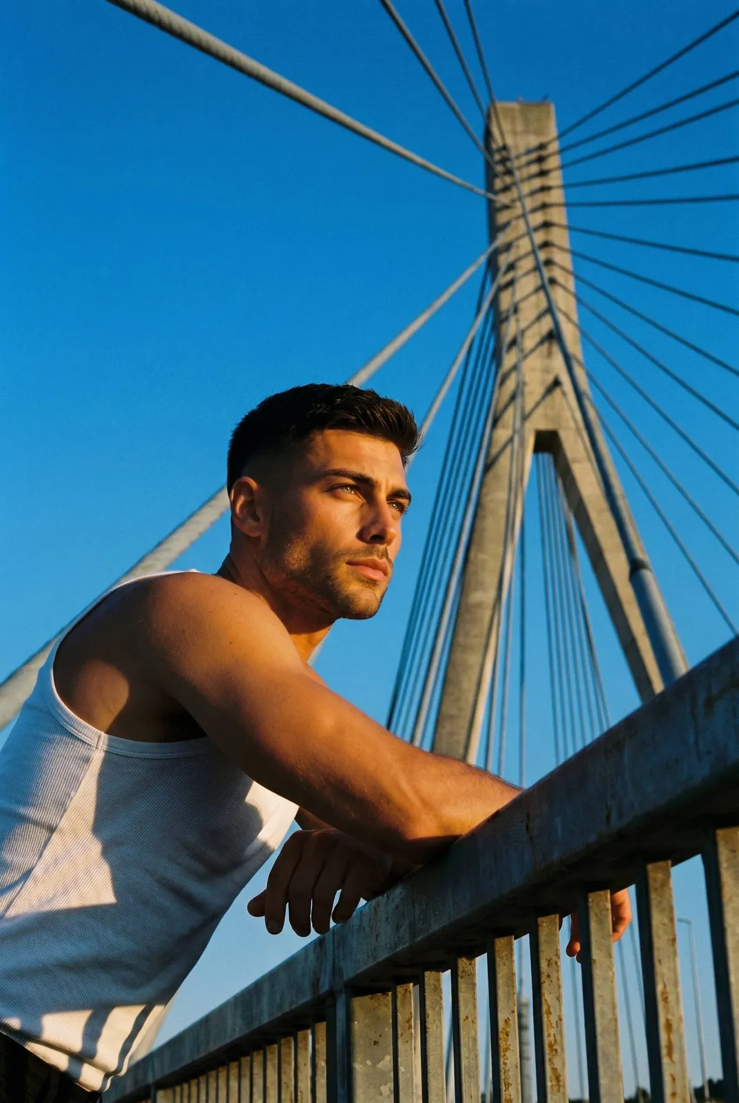 Bearded Man On Bridge Railing Golden Hour