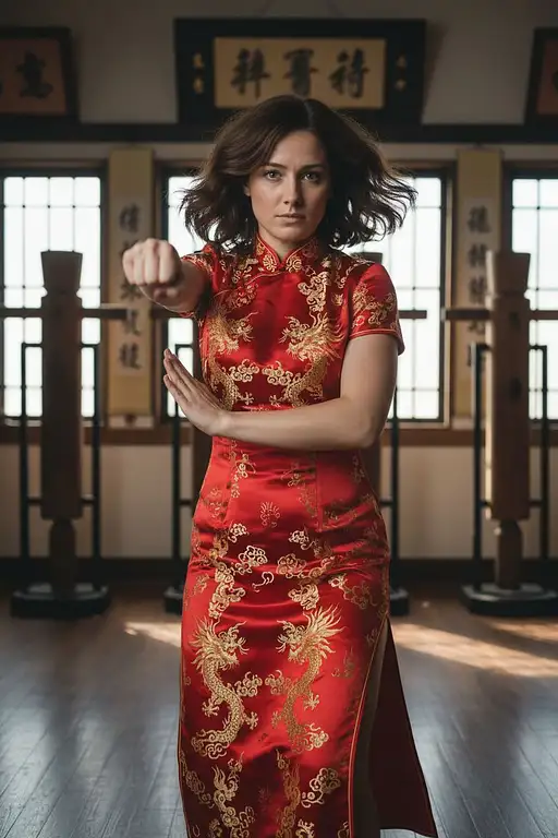 Full Body Image The Uploaded Woman Wearing Traditional Red Cheongsam