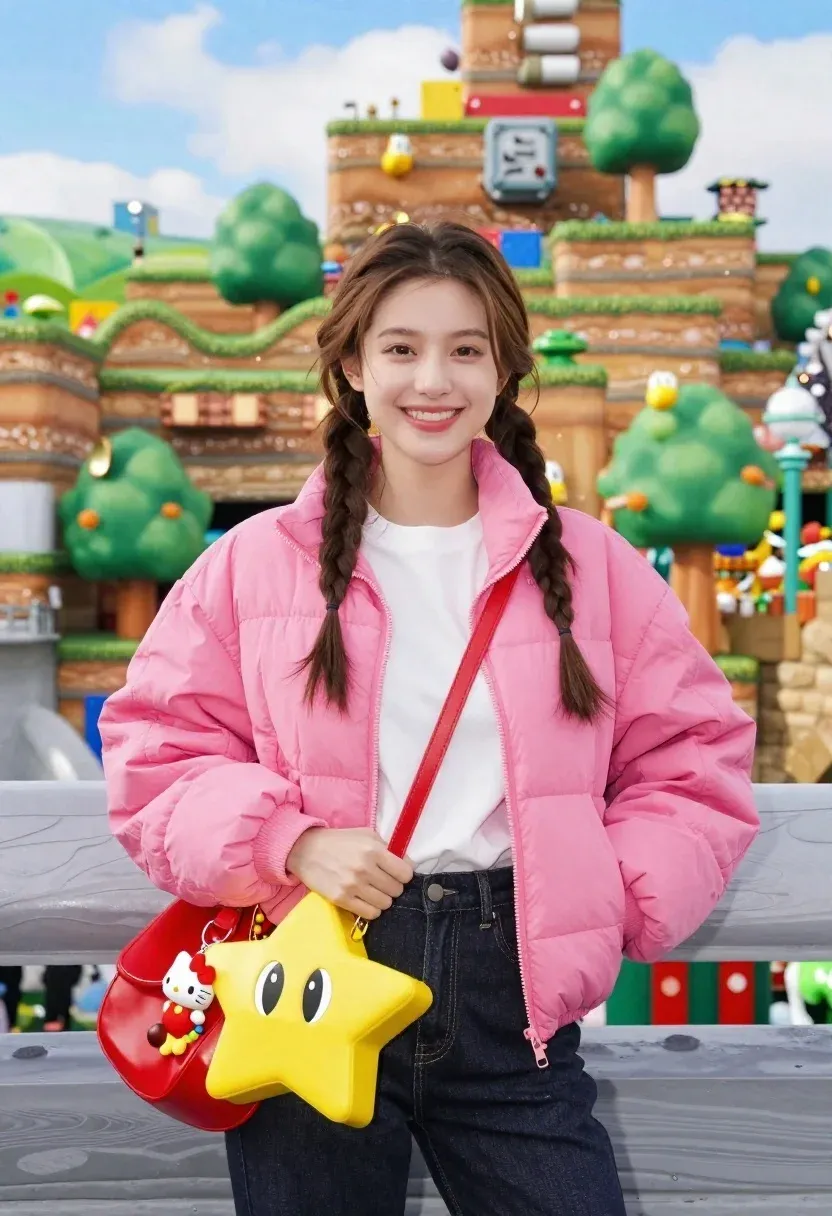 Smiling Young Woman Stands The Foreground Wearing Bright Pink Puffer