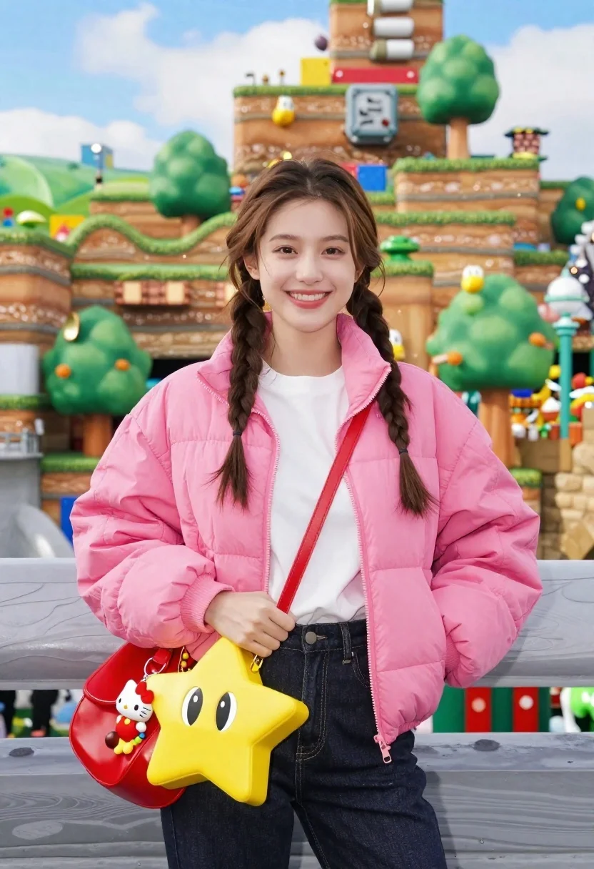 Smiling Young Woman Stands The Foreground Wearing Bright Pink Puffer