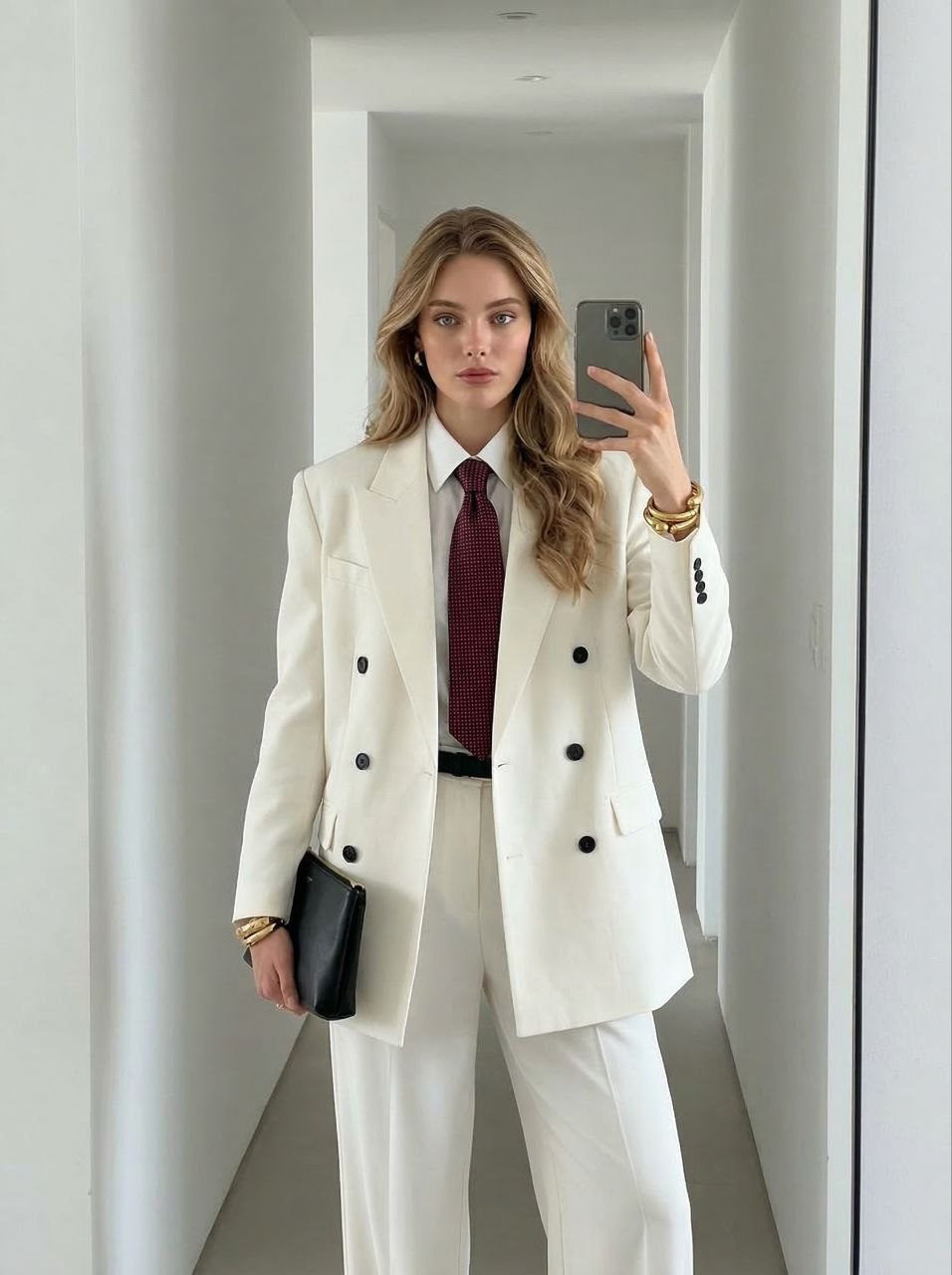 Confident woman in oversized white blazer taking a mirror selfie in a minimalist hallway