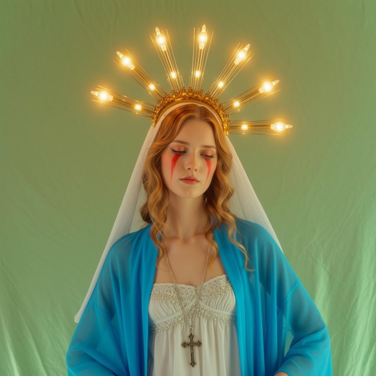 White Beaded Dress Blue Robe Halo