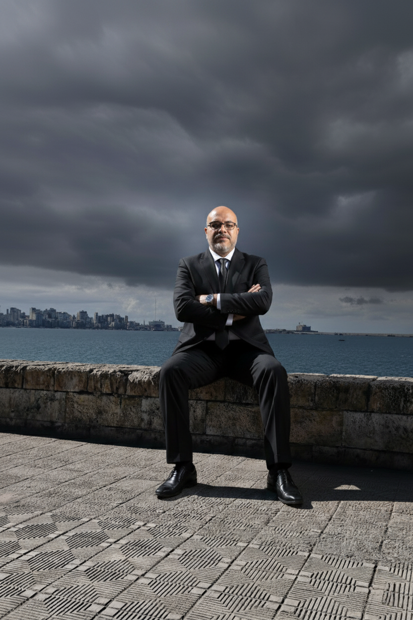 Older man in formal attire seated on a low stone wall with an overcast sky.