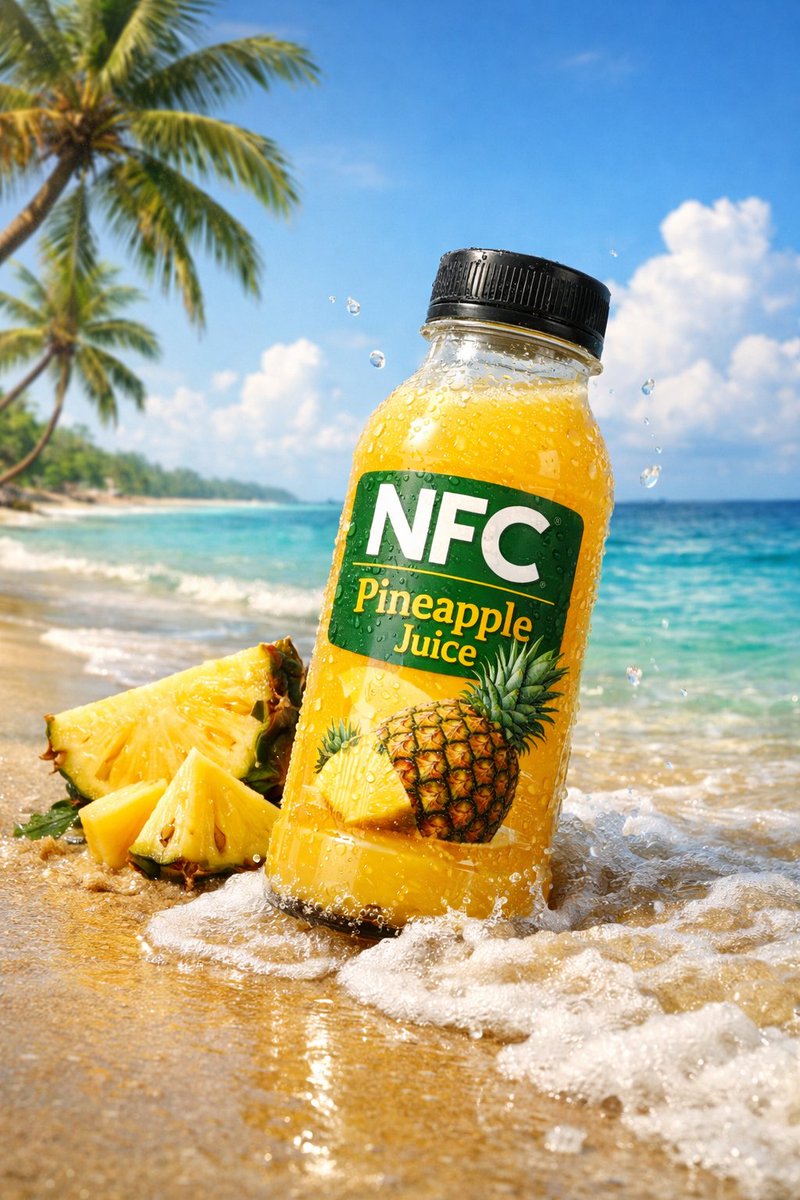 A pineapple juice bottle featuring NFC branding, set on sunlit tropical sand with palm trees and a turquoise ocean.