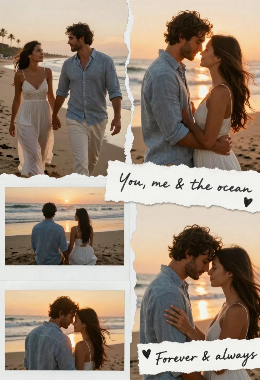 A romantic collage of a couple embracing on the beach at sunset, soft golden light illuminating their faces.