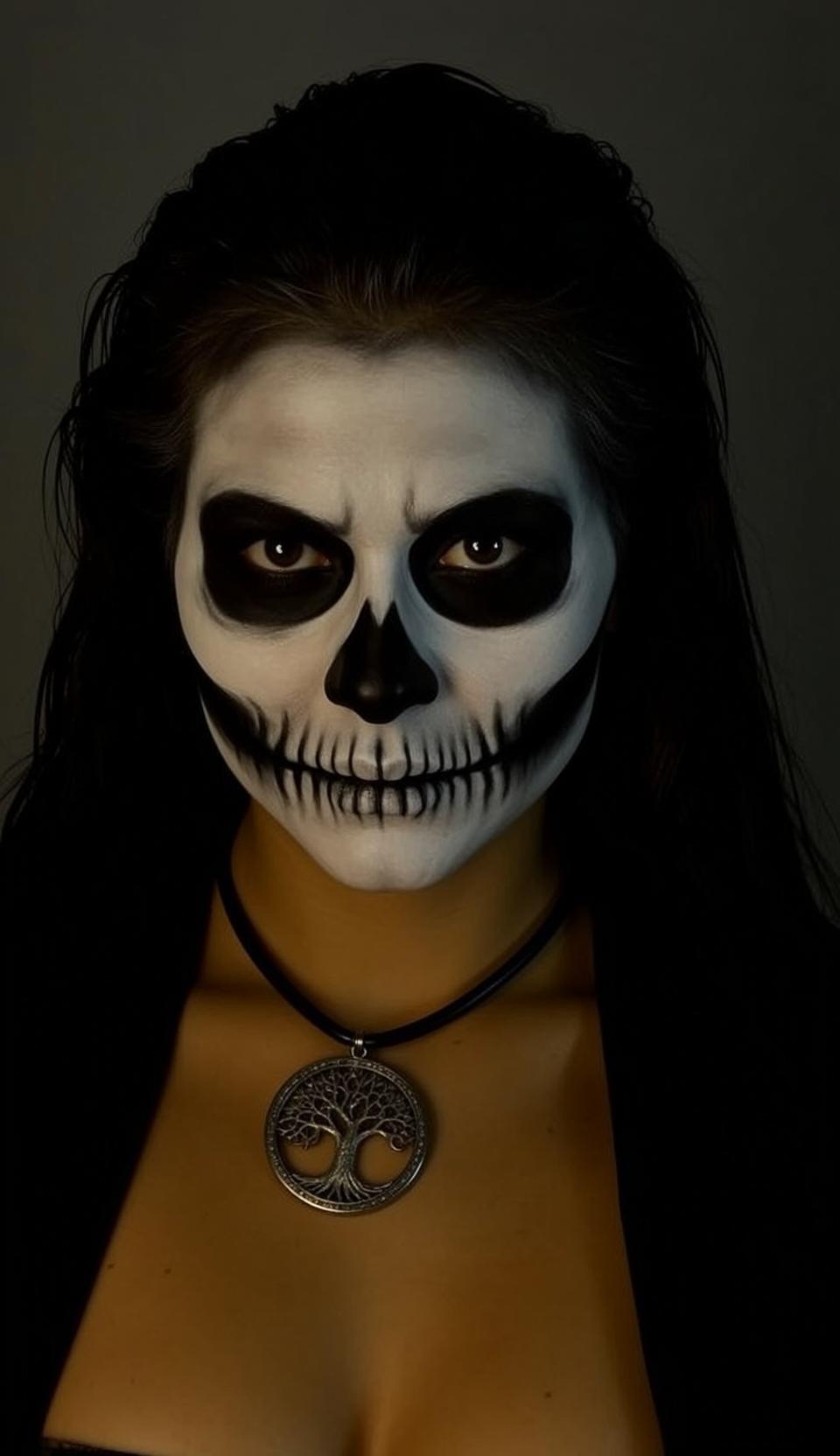 Halloween Makeup Skull Paint Long Dark Wavy