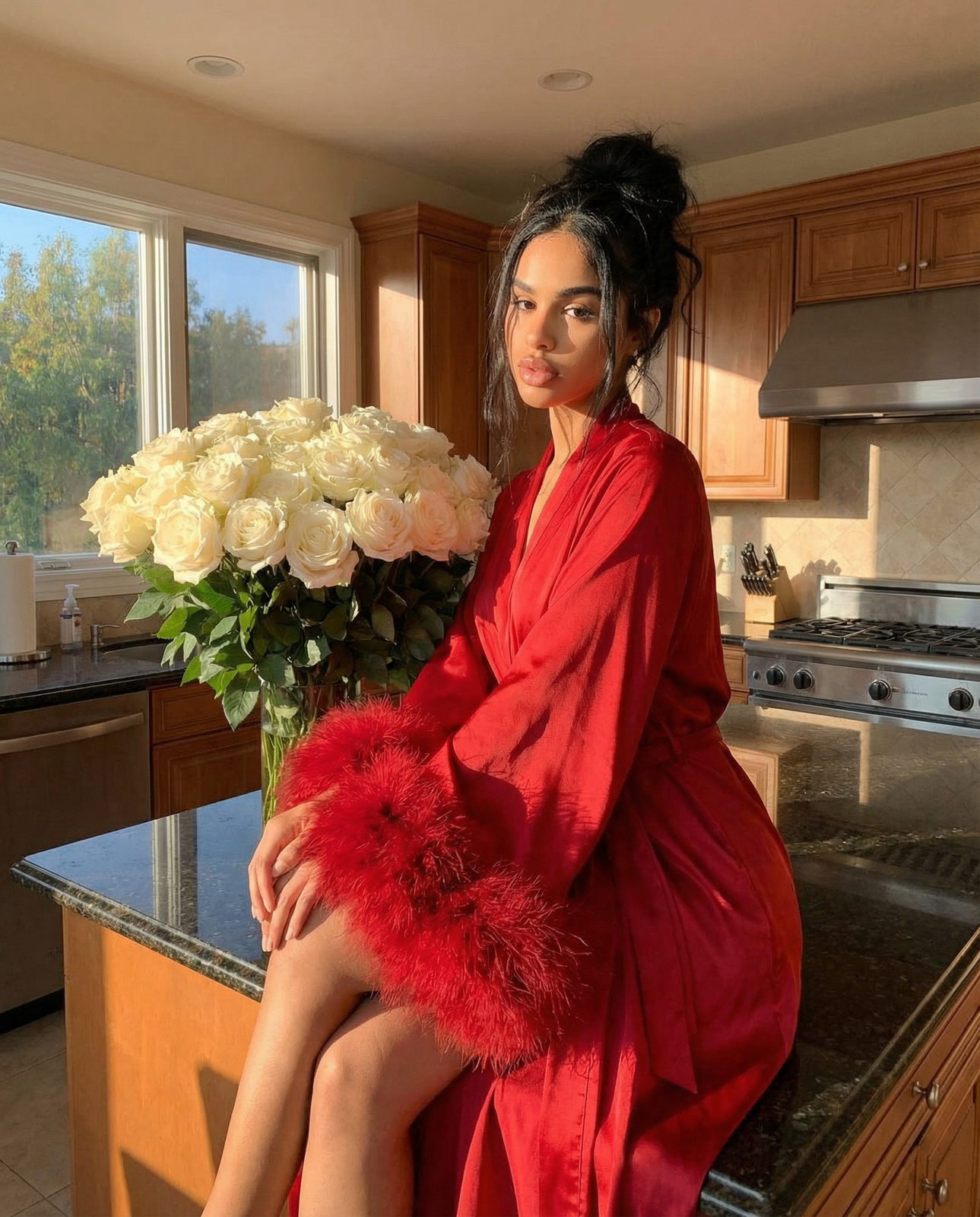 A woman in a red silk robe sits beside a large bouquet of roses on a dark kitchen island.