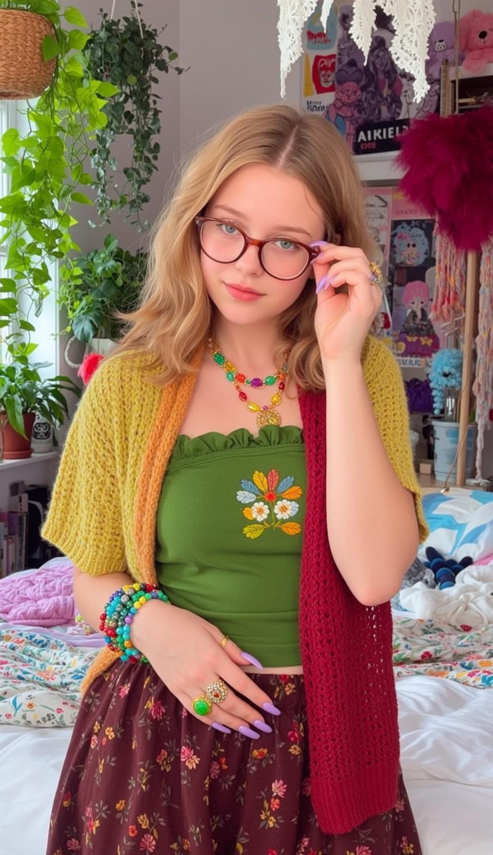 Green Ruffled Top Floral Skirt Bedroom