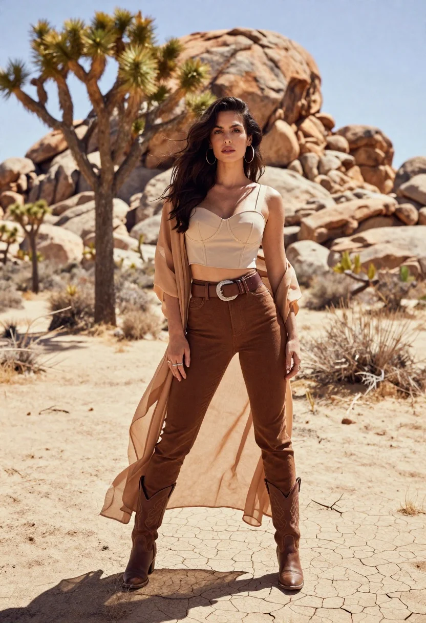 Confident woman stands in a sunlit desert with cracked earth and boulders, showcasing vibrant textures and warm tones.