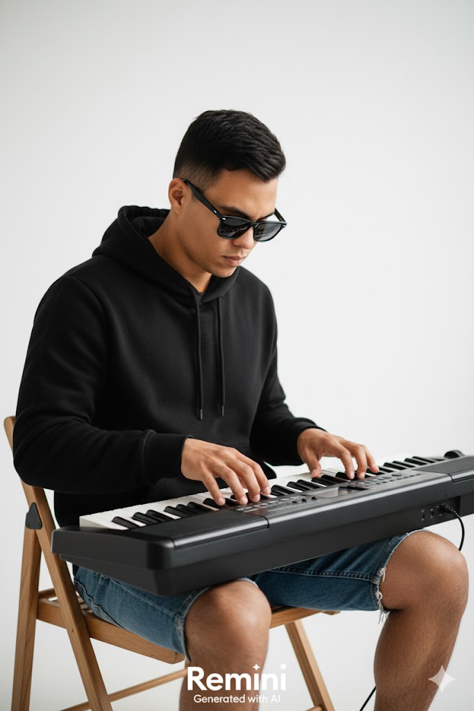 male model in black hoodie sitting on a wooden chair, softly playing a keyboard under diffused light, creating an introspective atmosphere.