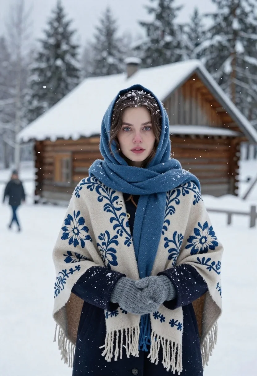 Young Woman Stands Snowy Landscape With Rustic Wooden House And