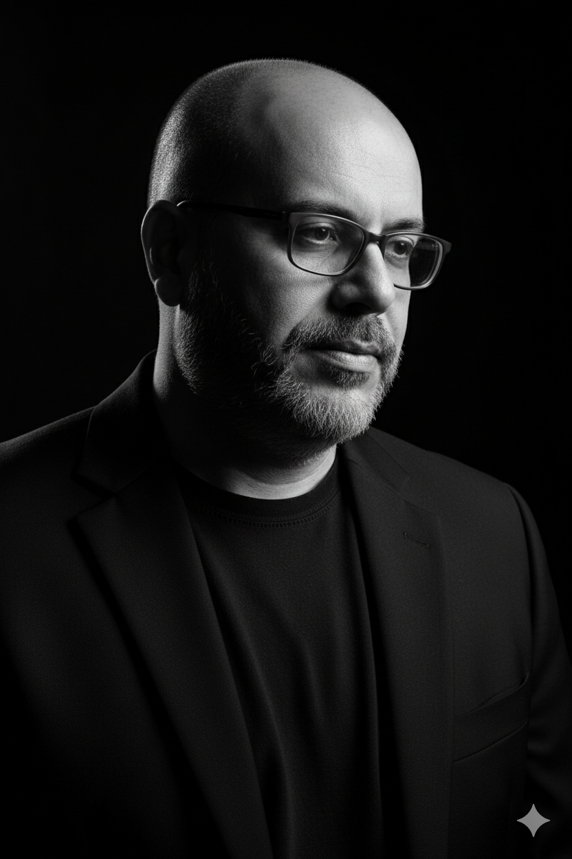 Intense black and white portrait of a contemplative man with a beard, dressed in a dark blazer, illuminated in chiaroscuro lighting on a pure black background.