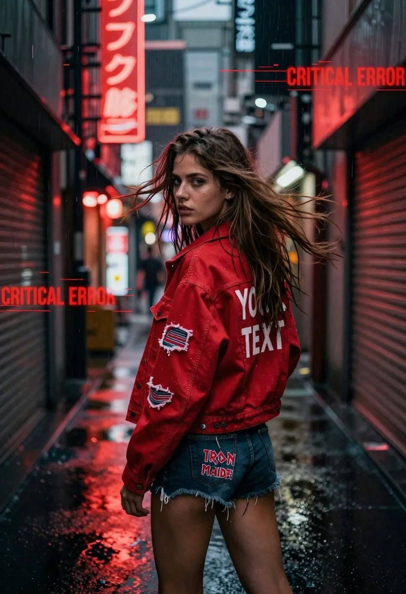 Young Woman With Long Brown Hair Stands Narrow Wet City