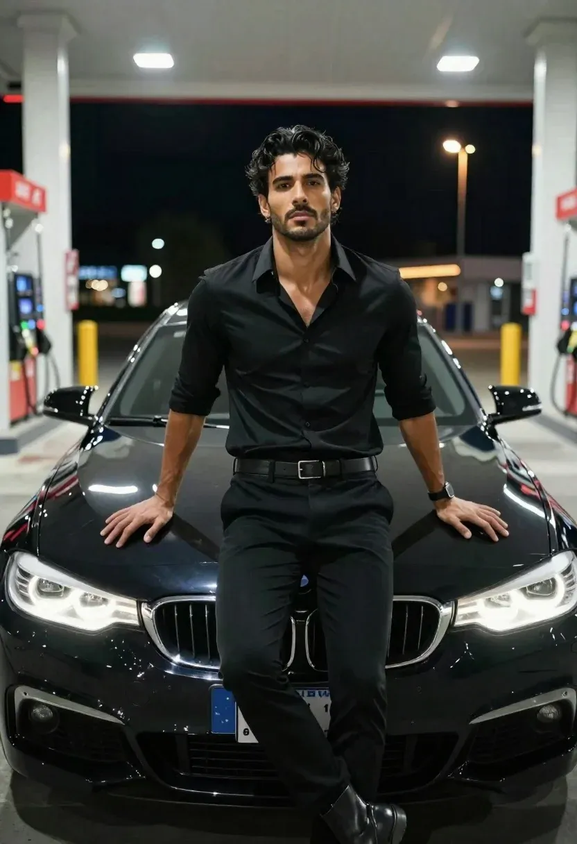 Handsome Man Black Shirt And Trousers Stands Confidently The Hood