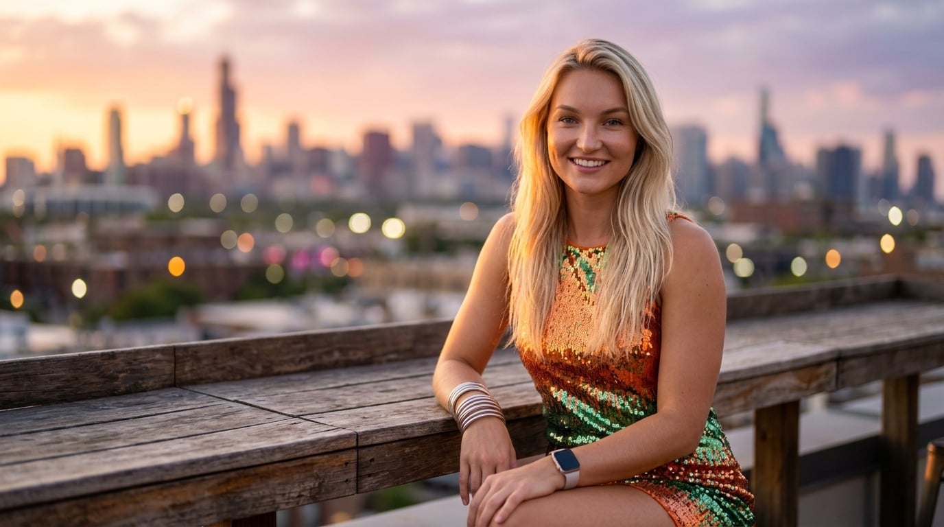 Sleeveless Dress Covered At Weathered Wooden Rooftop Bar