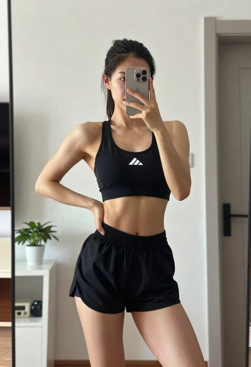 Woman Taking Mirror Selfie While Wearing Black Athletic Wear Subject reference photo