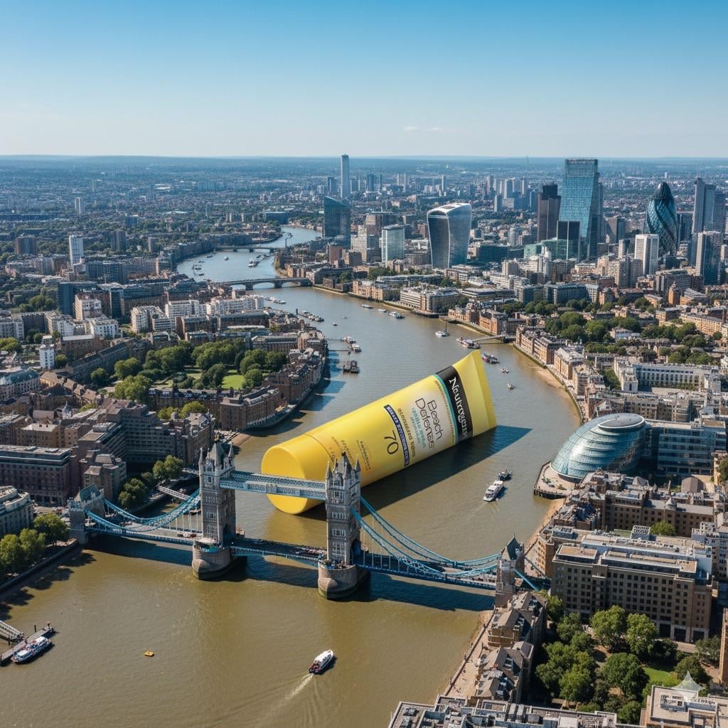 Surreal London Aerial View With Giant Product On Thames