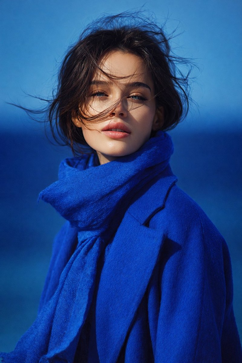 A realistic young adult female portrait with dark brown hair in a blue coat, shot in natural light against a blurred blue gradient background.