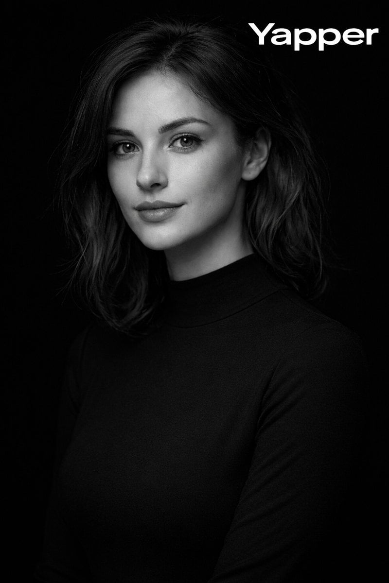 A young European woman poses gracefully in a black dress, softly framing her collarbones against a pure black background.