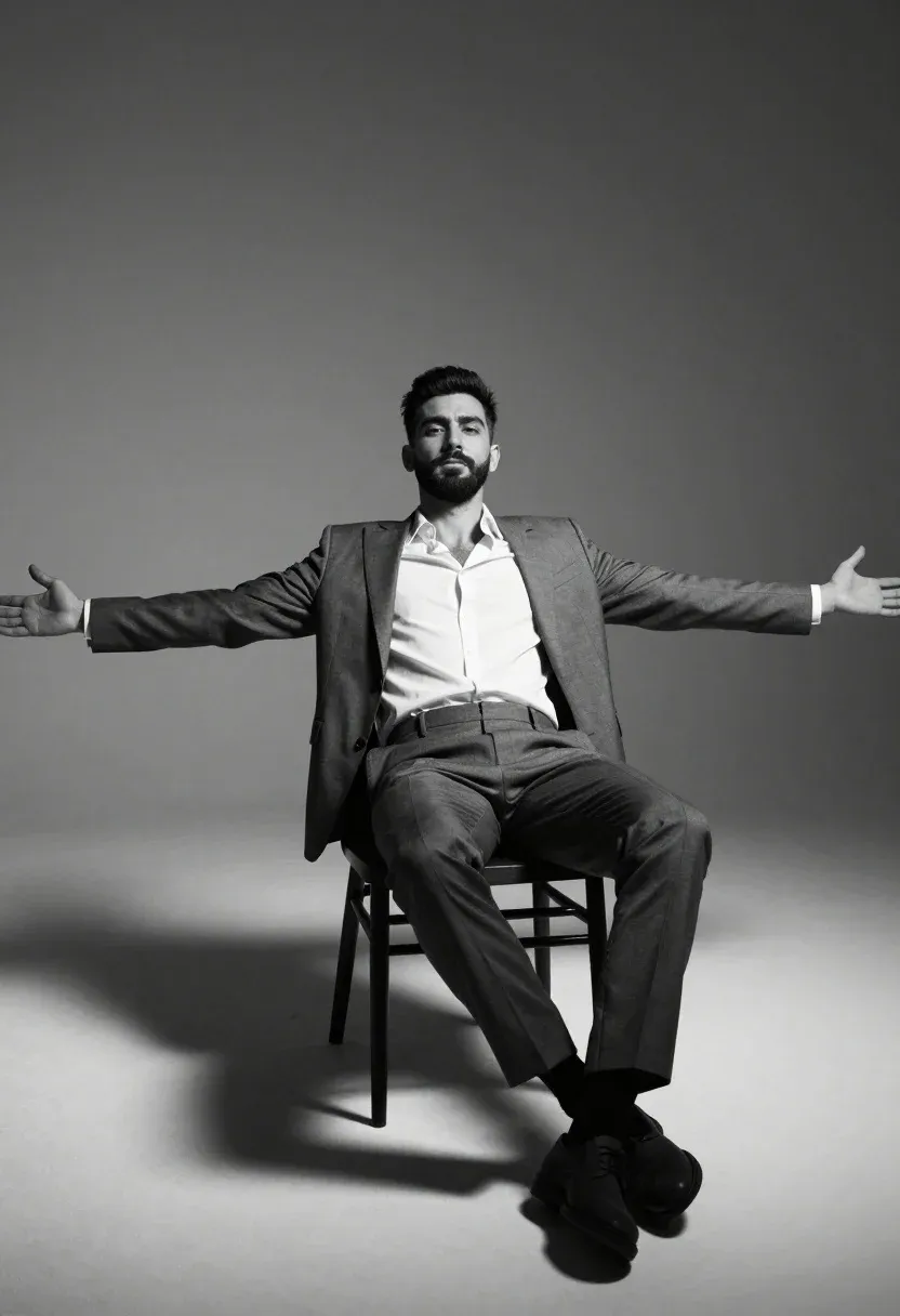 Confident Man Suit Reclines Dramatically Chair With Arms Spread Wide