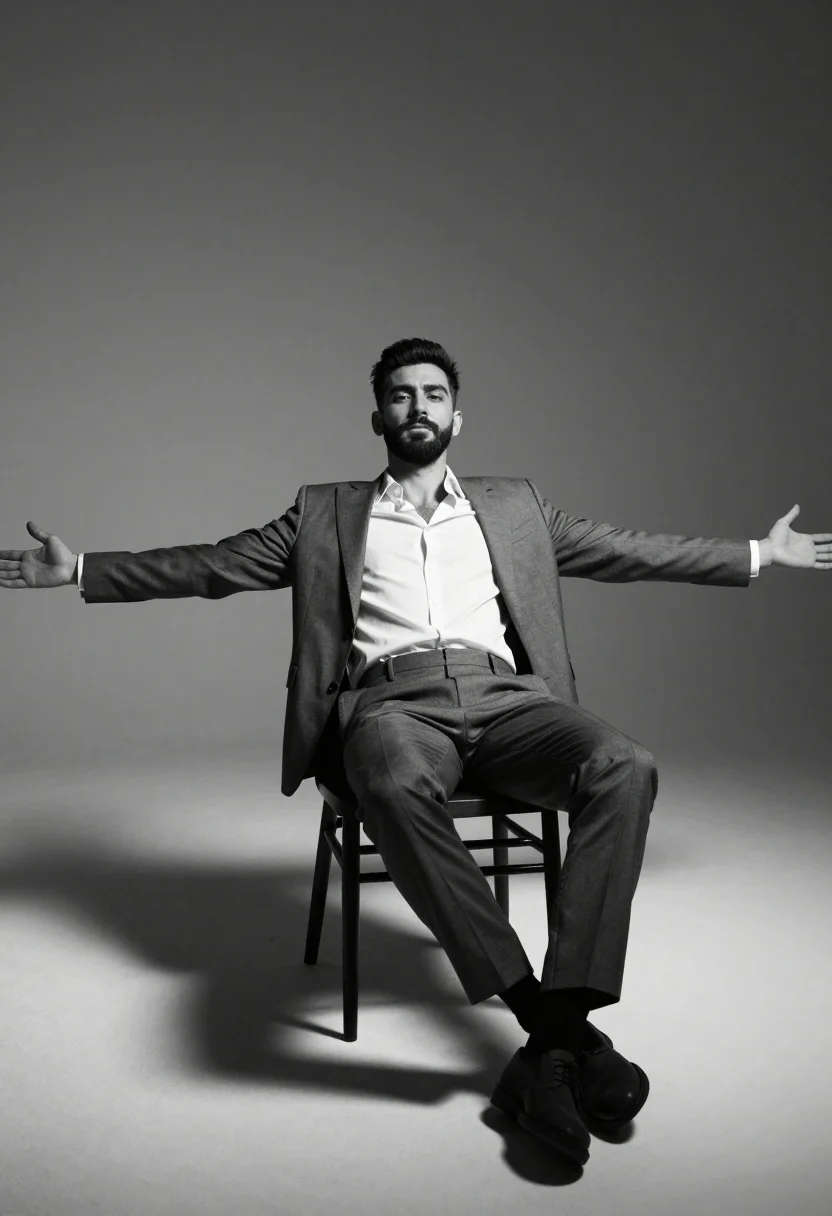 Confident Man Suit Reclines Dramatically Chair With Arms Spread Wide