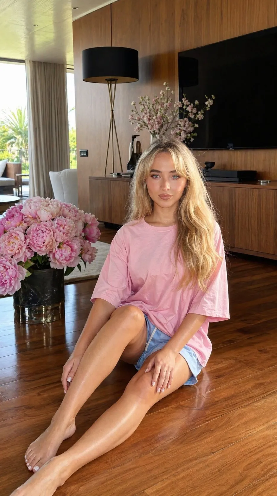 Pink T Shirt Satin Shorts Living Room Peonies