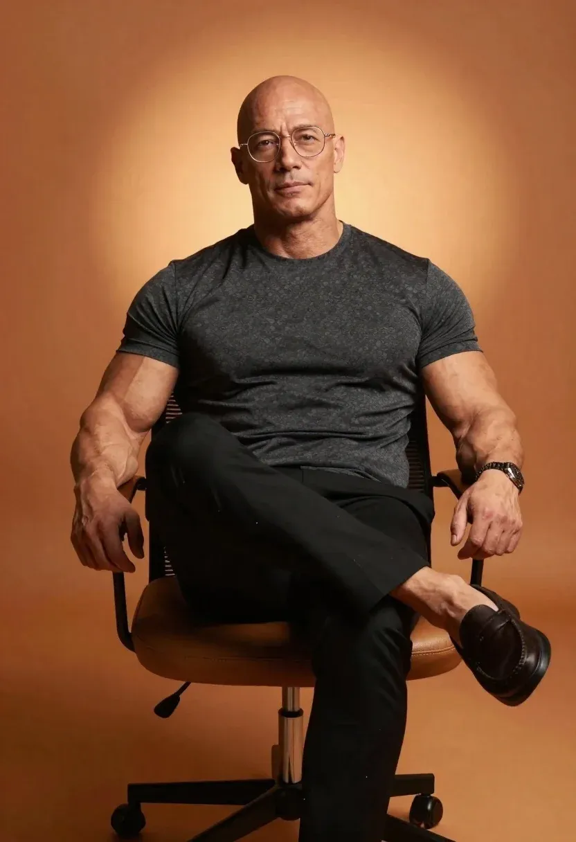 Muscular Bald Man With Glasses Sits Confidently Modern Chair Against